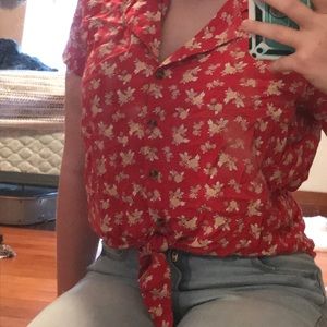 Red flower print button up